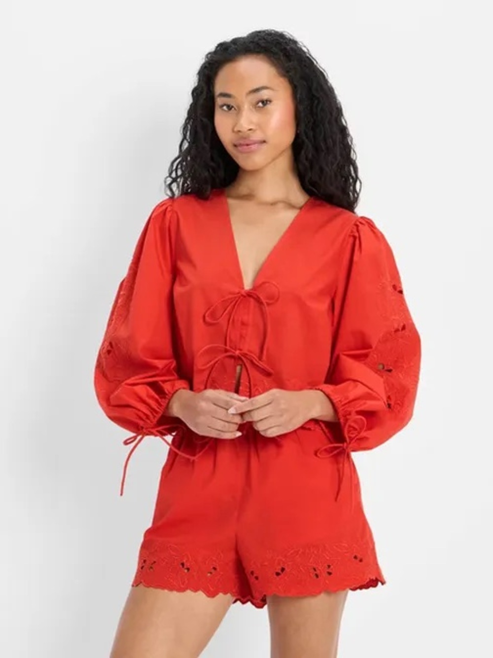 NWOT Future Collective Women's Long Sleeve Eyelet Tie-Front Poplin Blouse